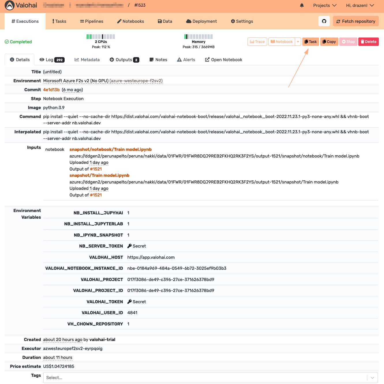 Starting a Task from Notebook Execution