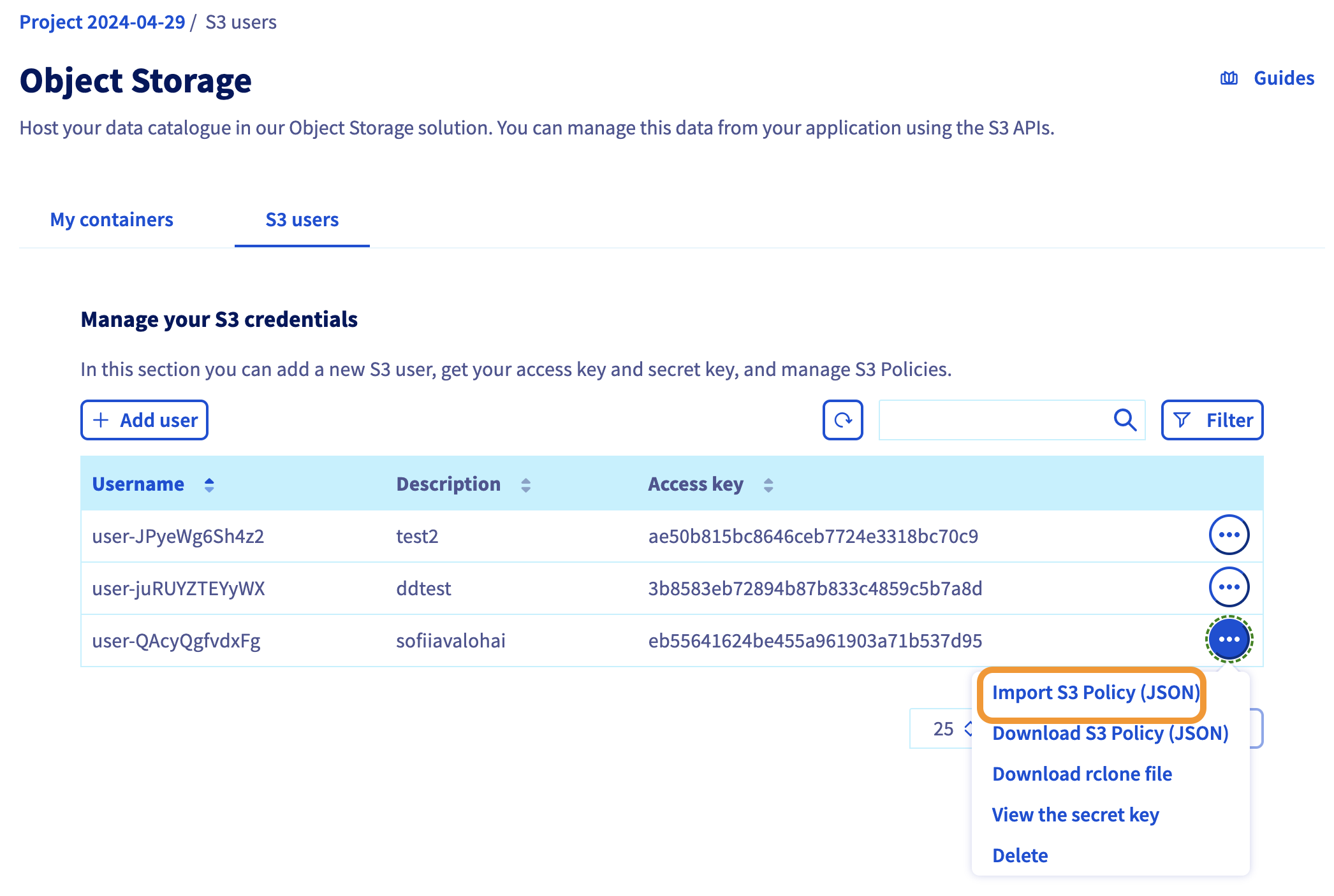 Import policy to the user