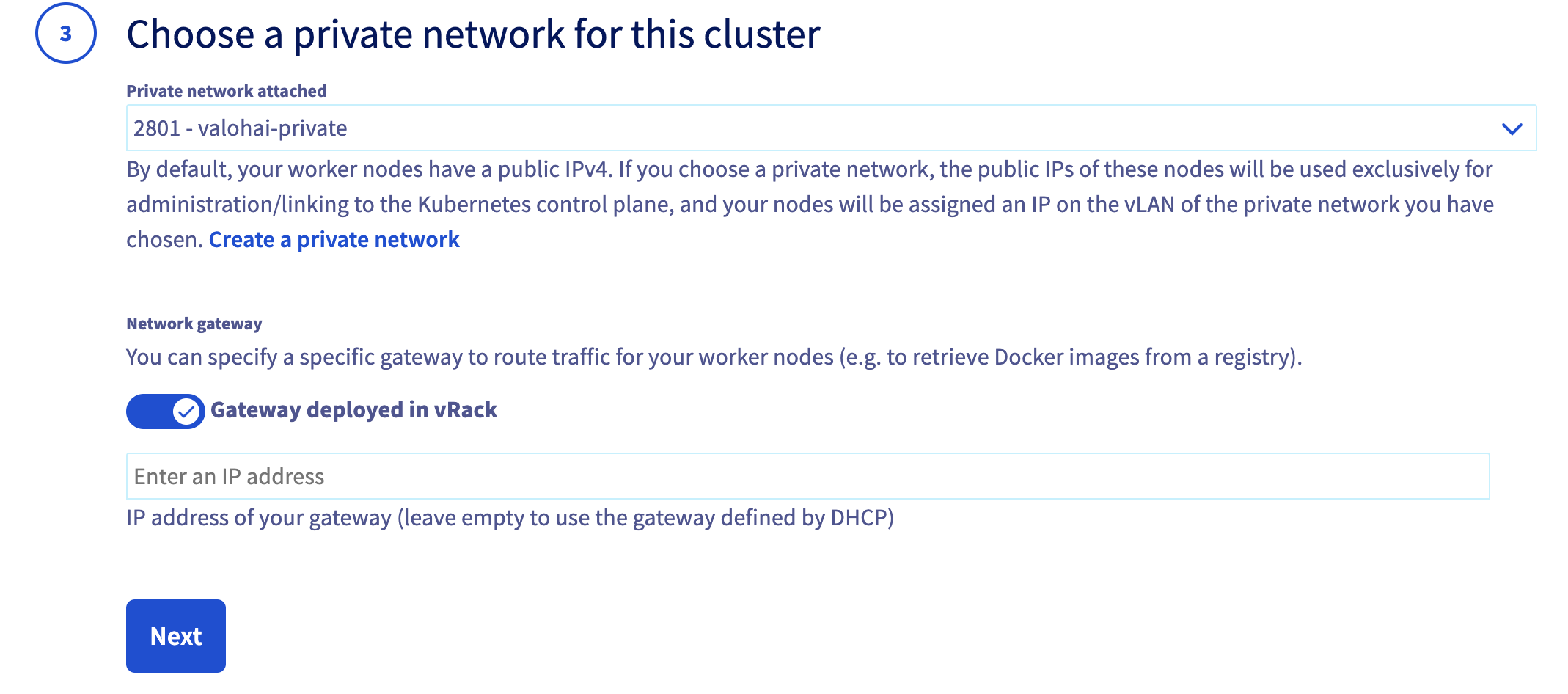 Choose Private Network when setting up Kube cluster