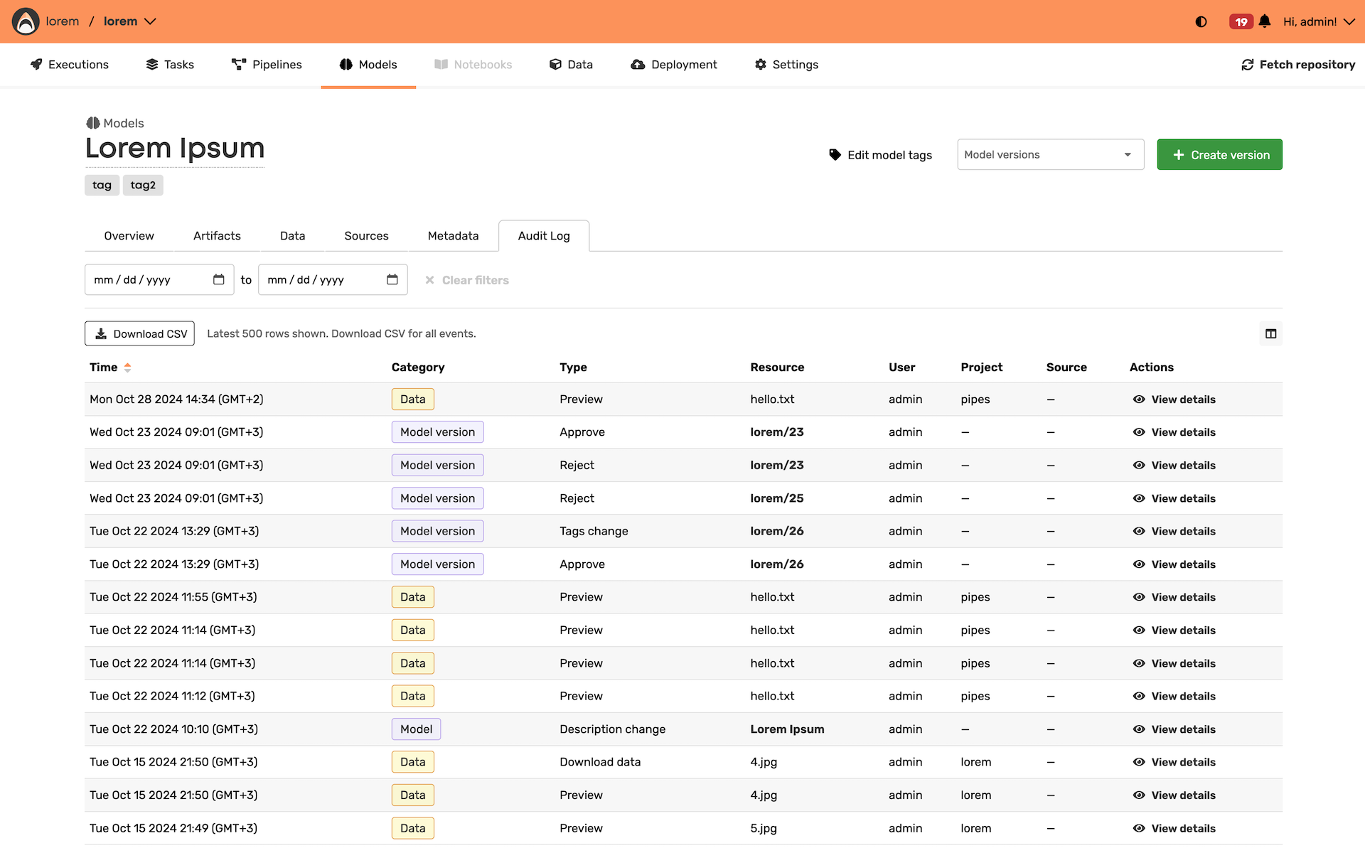 Audit log models view
