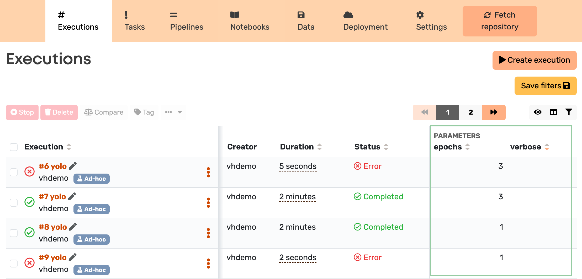 Execution table with parameters