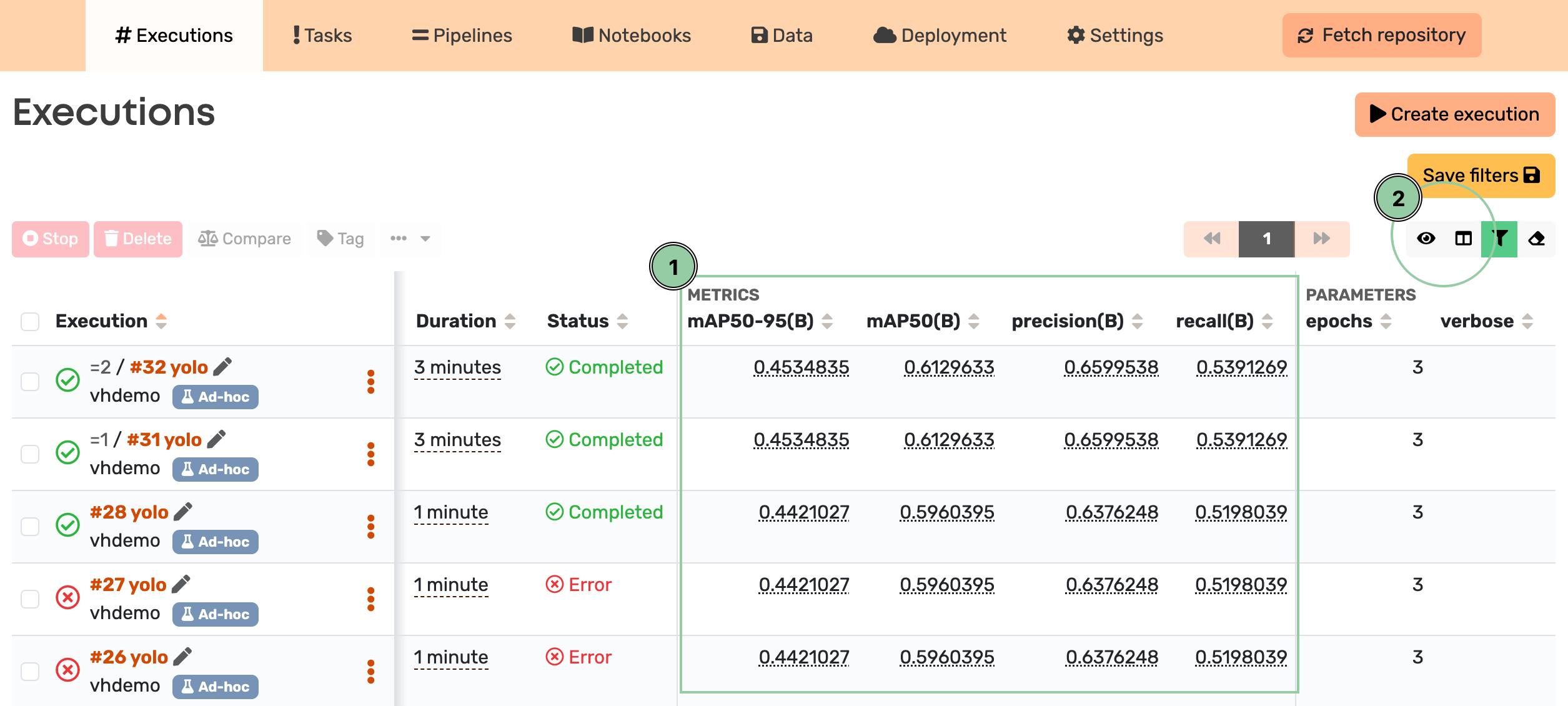 Execution table with metadata
